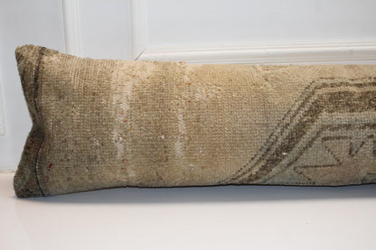 Neutral Vintage Turkish Rug Bench Pillow 12x48, Beige Kilim Lumbar Cushion