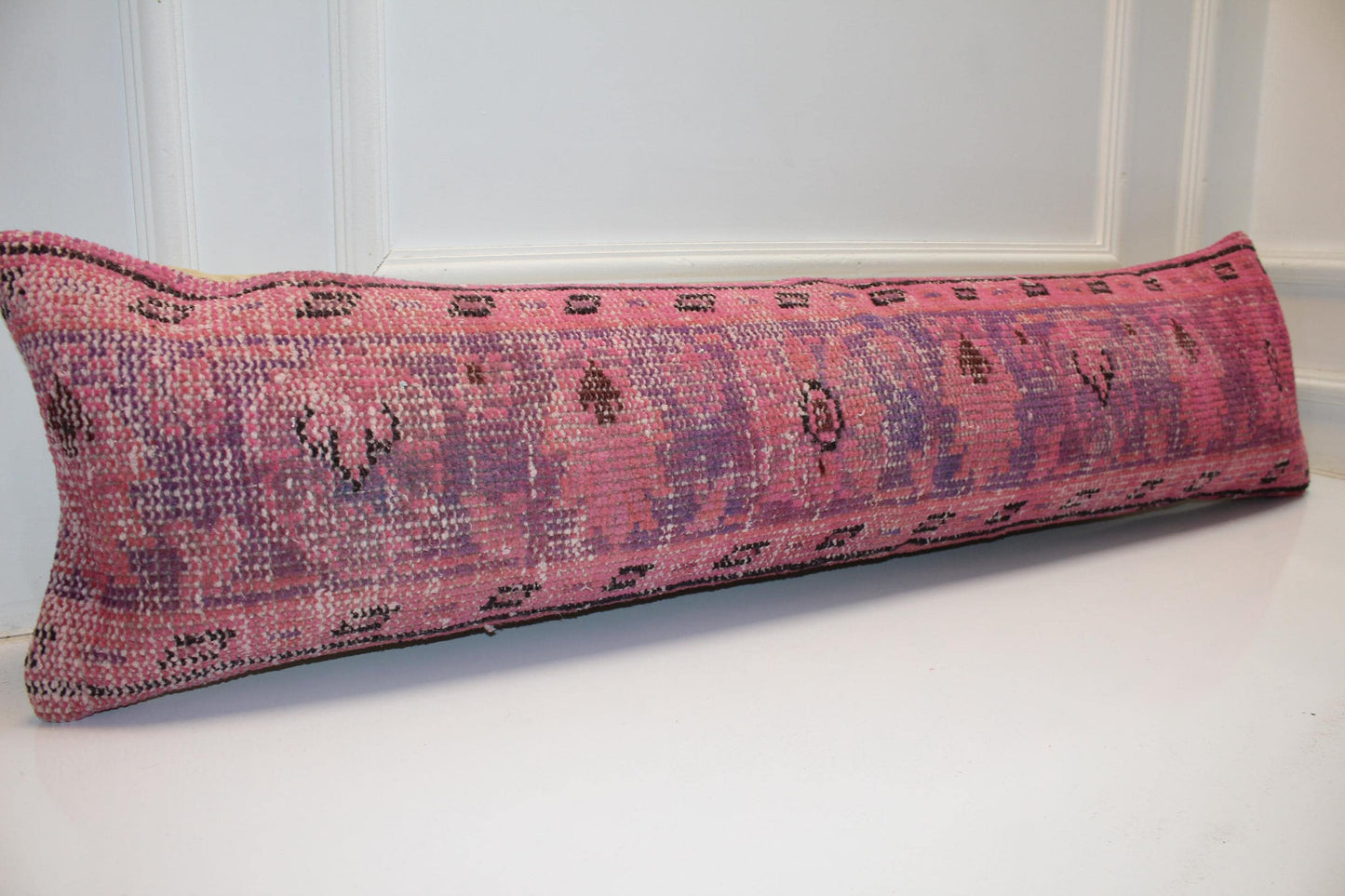 Pink Vintage Turkish Rug Bench Pillow 12x48, Magenta Kilim Lumbar Cushion