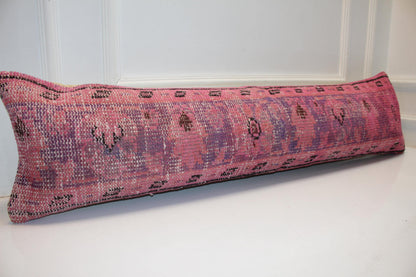 Pink Vintage Turkish Rug Bench Pillow 12x48, Magenta Kilim Lumbar Cushion