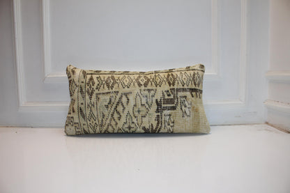 Vintage Turkish Rug Bench Lumbar 12x24 – Neutral Monochrome Anatolian Textile Cushion