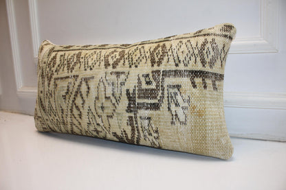 Vintage Turkish Rug Bench Lumbar 12x24 – Neutral Monochrome Anatolian Textile Cushion
