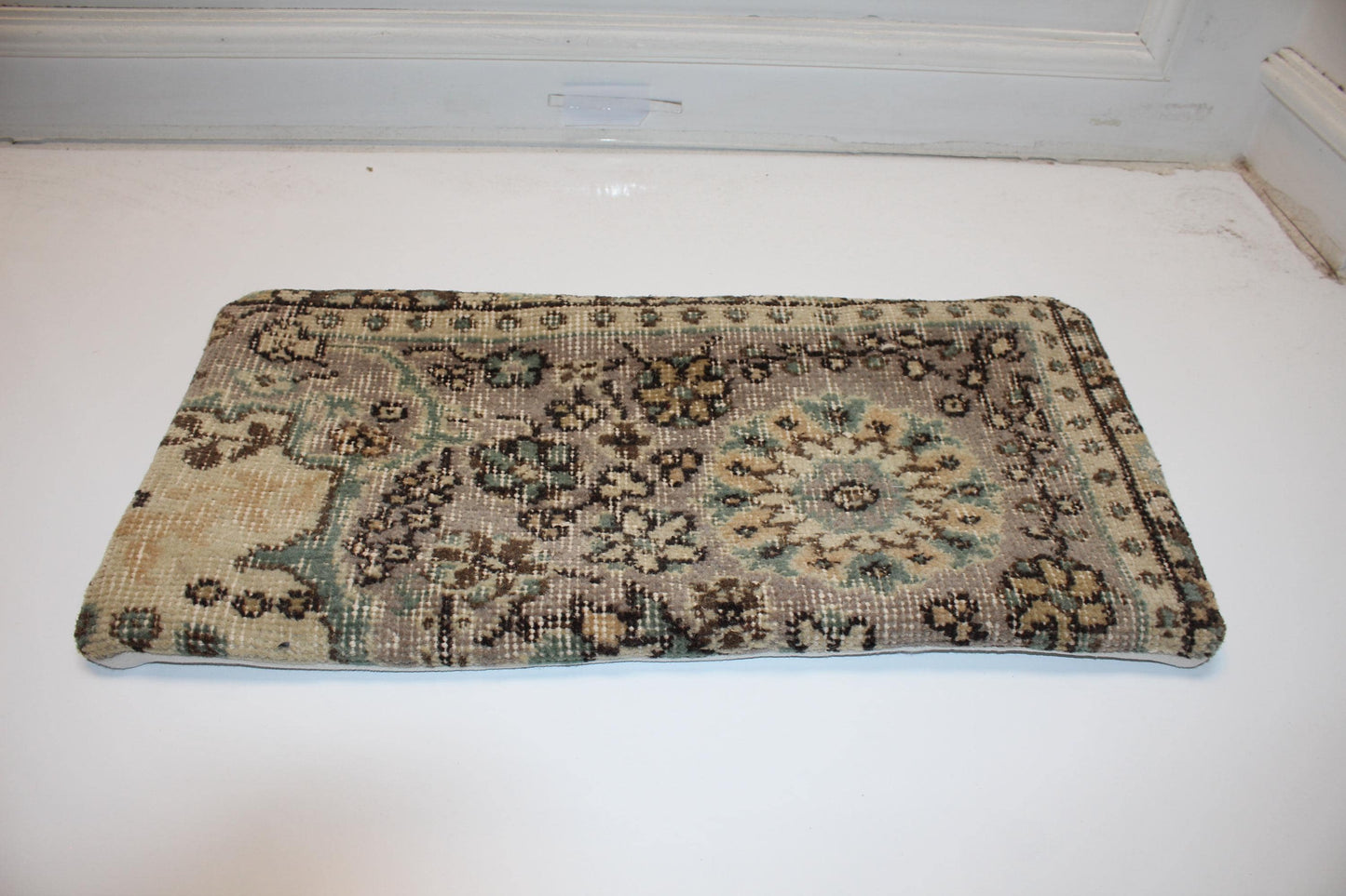 Handmade Kilim Pillow Cover – Faded Aqua Floral Anatolian Wool Cushion 12x24
