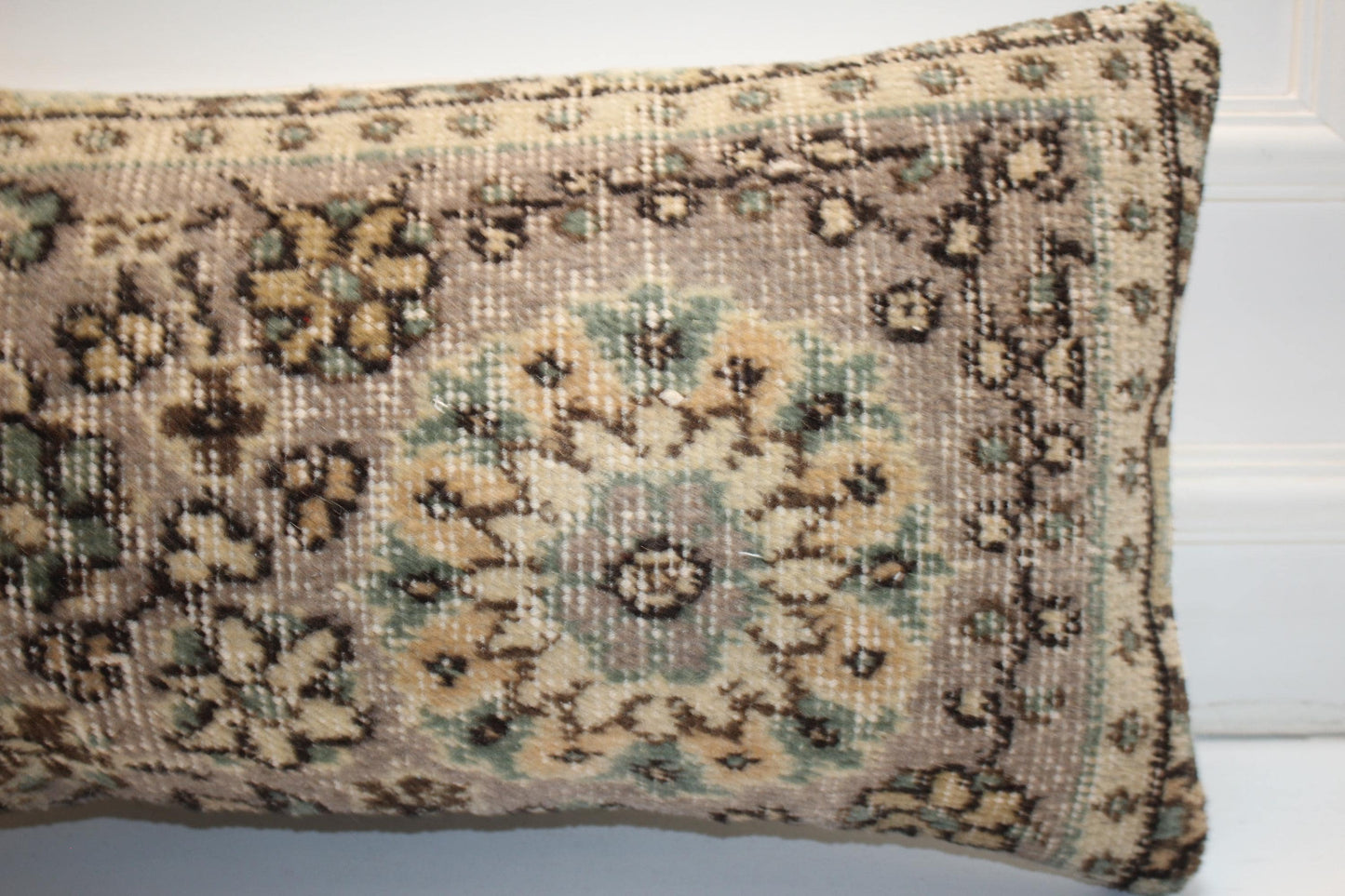Handmade Kilim Pillow Cover – Faded Aqua Floral Anatolian Wool Cushion 12x24