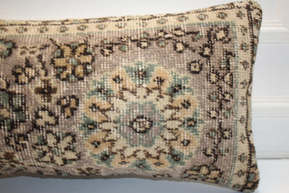 Handmade Kilim Pillow Cover – Faded Aqua Floral Anatolian Wool Cushion 12x24