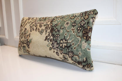 Turkish Rug Bench Lumbar 12x24 – Botanical Sage Floral Anatolian Cushion Cover for Romantic