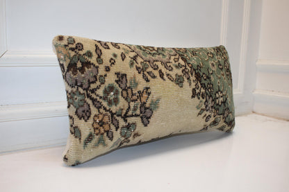 Turkish Rug Bench Lumbar 12x24 – Botanical Sage Floral Anatolian Cushion Cover for Romantic