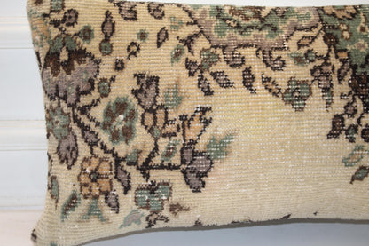 Turkish Rug Bench Lumbar 12x24 – Botanical Sage Floral Anatolian Cushion Cover for Romantic