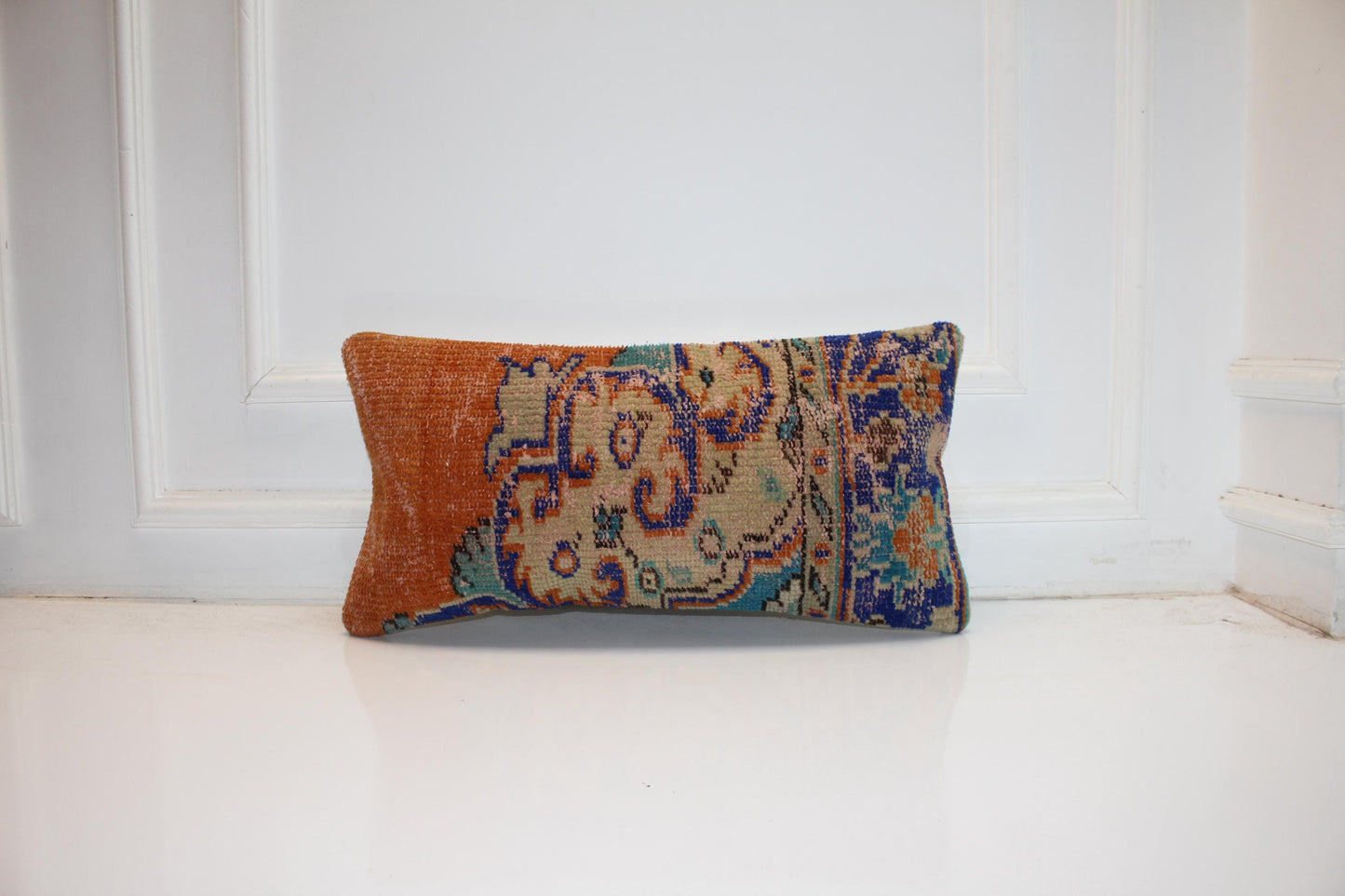 Turkish Rug Bench Lumbar 12x24 – Burnt Orange & Cobalt Anatolian Statement Cushion
