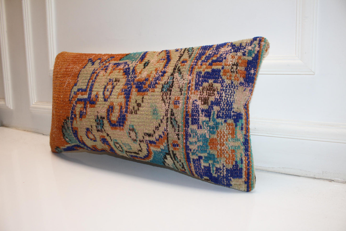 Turkish Rug Bench Lumbar 12x24 – Burnt Orange & Cobalt Anatolian Statement Cushion