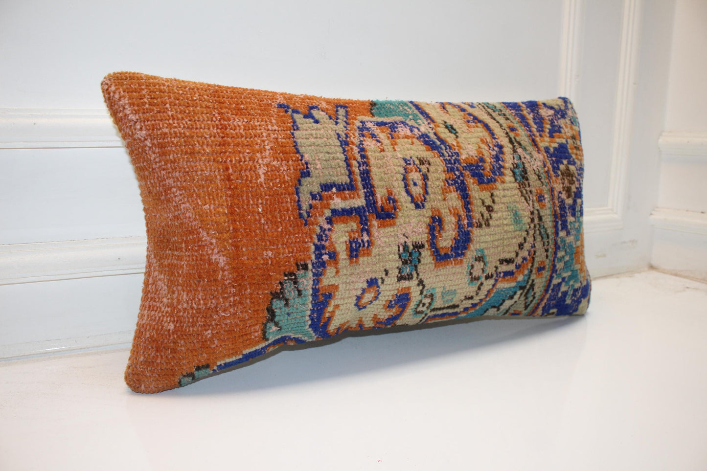 Turkish Rug Bench Lumbar 12x24 – Burnt Orange & Cobalt Anatolian Statement Cushion