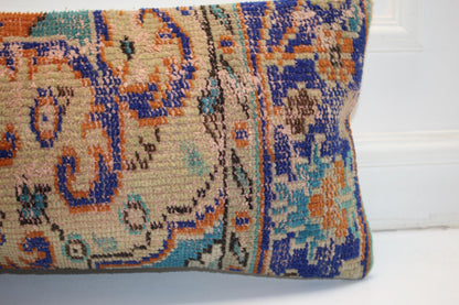 Turkish Rug Bench Lumbar 12x24 – Burnt Orange & Cobalt Anatolian Statement Cushion