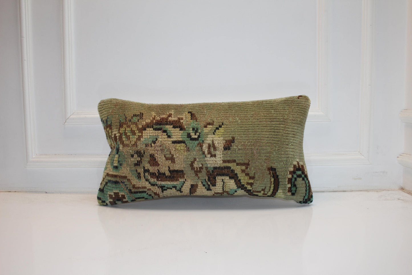 Handmade Kilim Pillow Cover – Upcycled Authentic Rug, 12x24 Sage Neutral