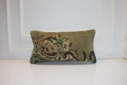 Handmade Kilim Pillow Cover – Upcycled Authentic Rug, 12x24 Sage Neutral
