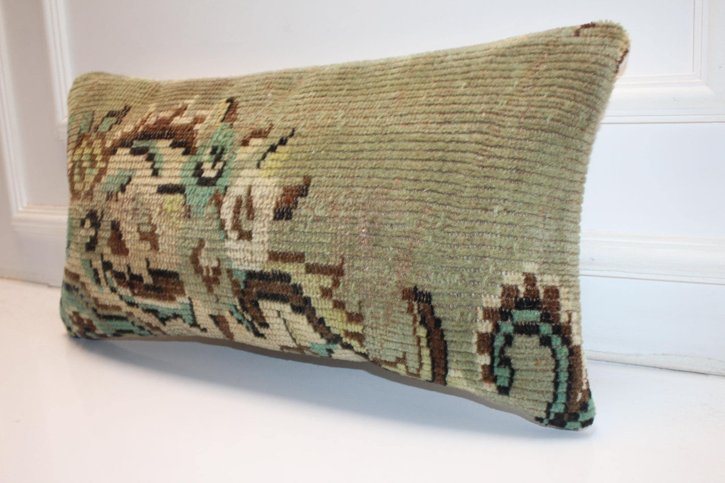 Handmade Kilim Pillow Cover – Upcycled Authentic Rug, 12x24 Sage Neutral