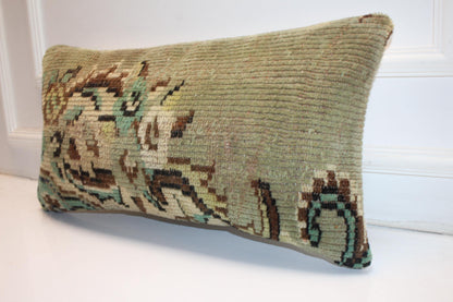 Handmade Kilim Pillow Cover – Upcycled Authentic Rug, 12x24 Sage Neutral