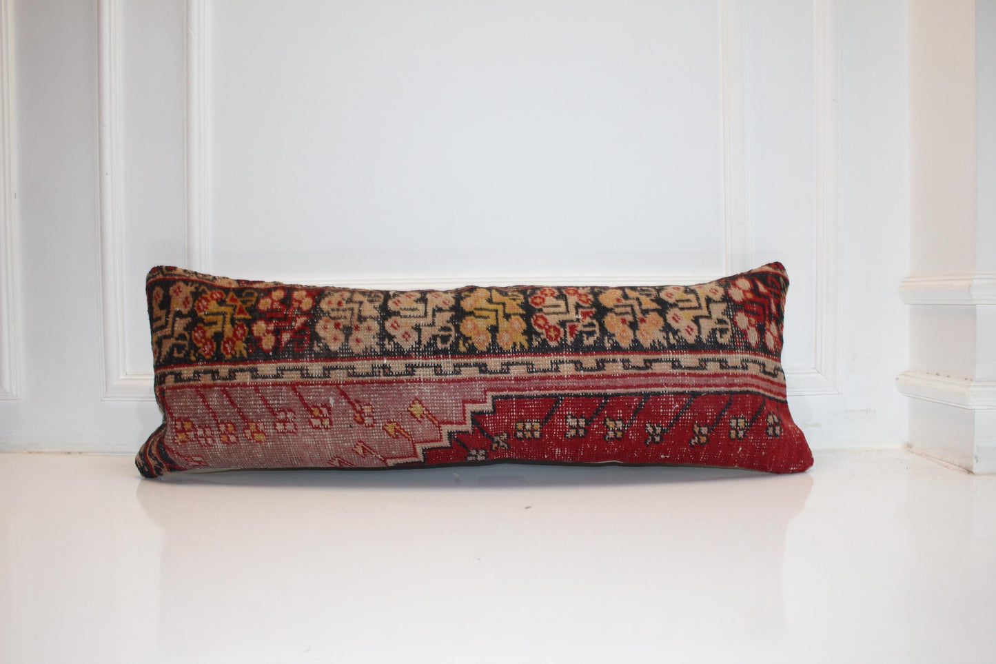 Upcycled Kilim Lumbar Pillow Cover – Deep Red Boho Bench Accent 12x36 Inch