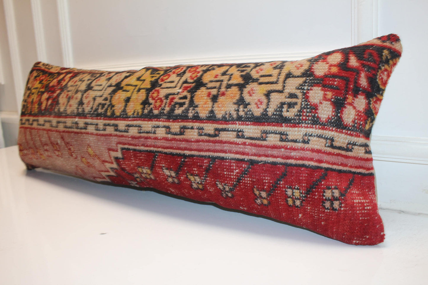 Upcycled Kilim Lumbar Pillow Cover – Deep Red Boho Bench Accent 12x36 Inch