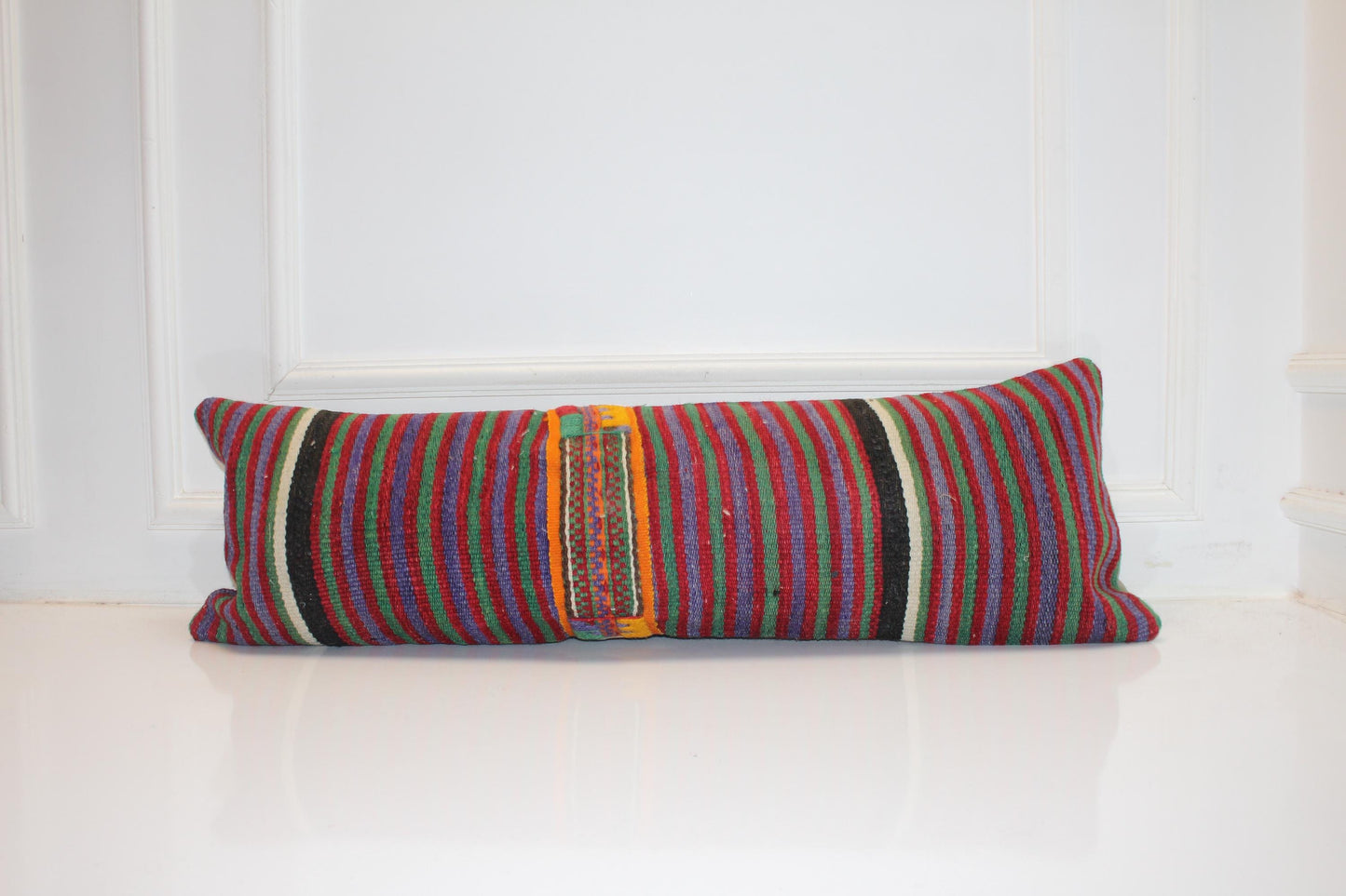 Handmade Kilim Lumbar Pillow Cover: Upcycled Turkish Rug, Bold Stripes 12x36 Inch