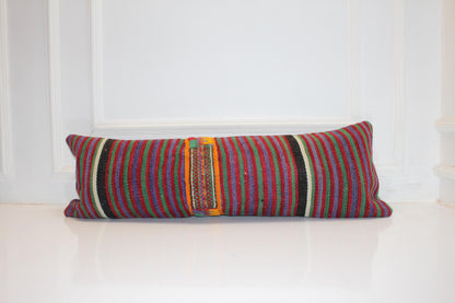 Handmade Kilim Lumbar Pillow Cover: Upcycled Turkish Rug, Bold Stripes 12x36 Inch