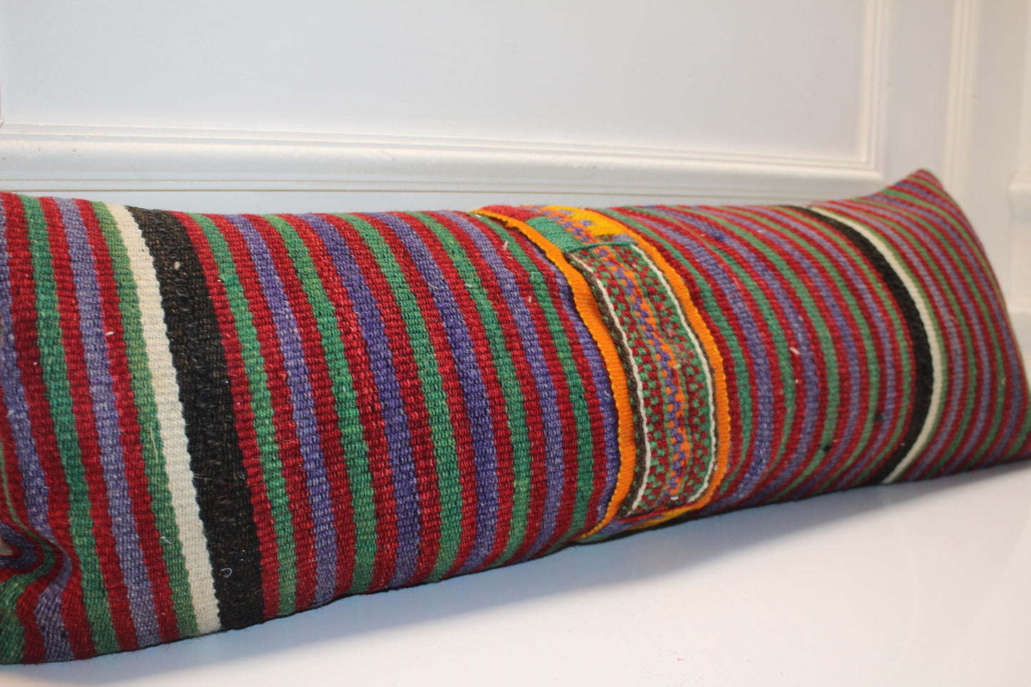 Handmade Kilim Lumbar Pillow Cover: Upcycled Turkish Rug, Bold Stripes 12x36 Inch
