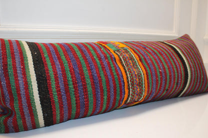 Handmade Kilim Lumbar Pillow Cover: Upcycled Turkish Rug, Bold Stripes 12x36 Inch