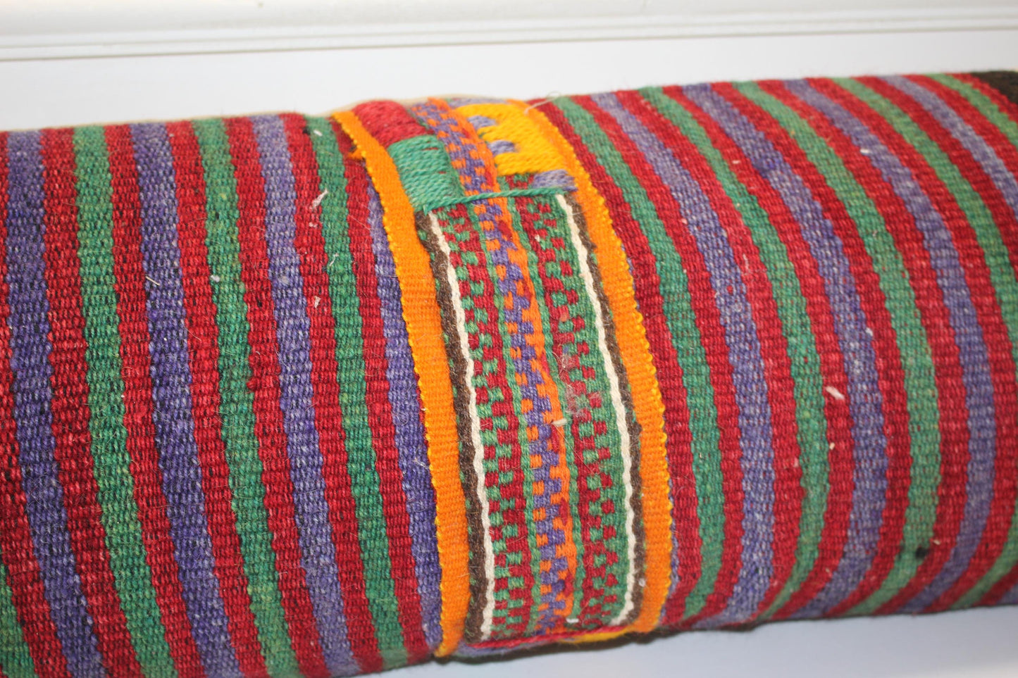 Handmade Kilim Lumbar Pillow Cover: Upcycled Turkish Rug, Bold Stripes 12x36 Inch