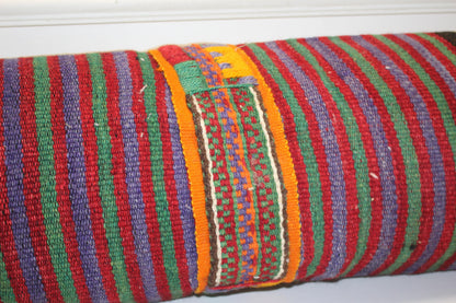 Handmade Kilim Lumbar Pillow Cover: Upcycled Turkish Rug, Bold Stripes 12x36 Inch