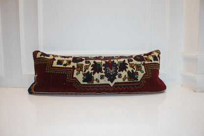 Vintage Turkish Rug Bench Pillow 12x36 Inch Deep Burgundy Anatolian Motif Lumbar Cushion