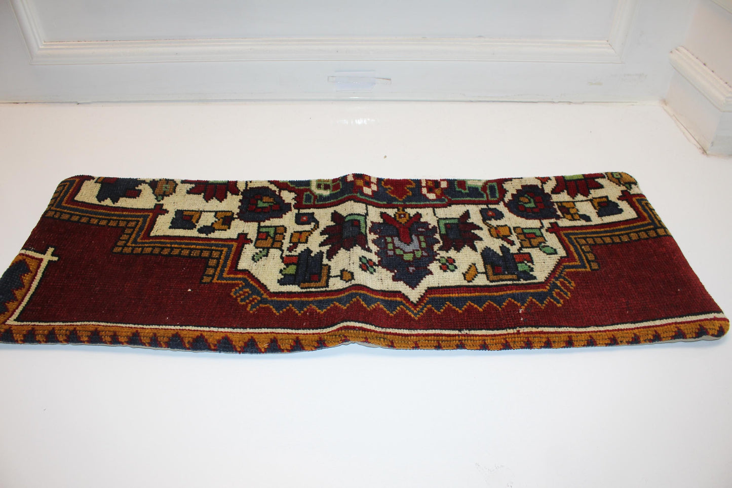 Vintage Turkish Rug Bench Pillow 12x36 Inch Deep Burgundy Anatolian Motif Lumbar Cushion