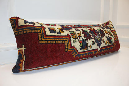 Vintage Turkish Rug Bench Pillow 12x36 Inch Deep Burgundy Anatolian Motif Lumbar Cushion