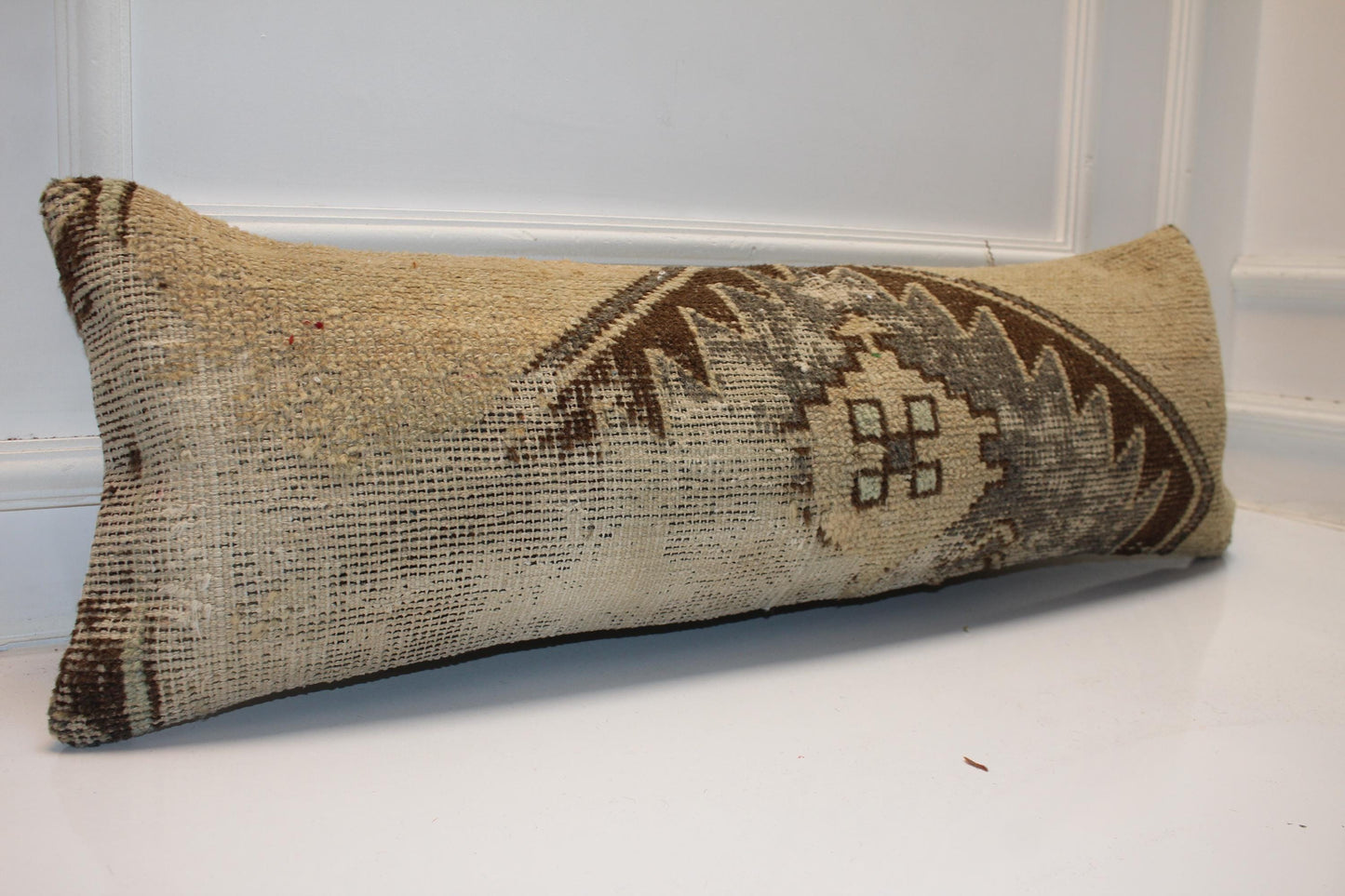 Vintage Turkish Rug Bench Pillow 12x36 Inch Sand Beige Anatolian Motif Lumbar Cushion