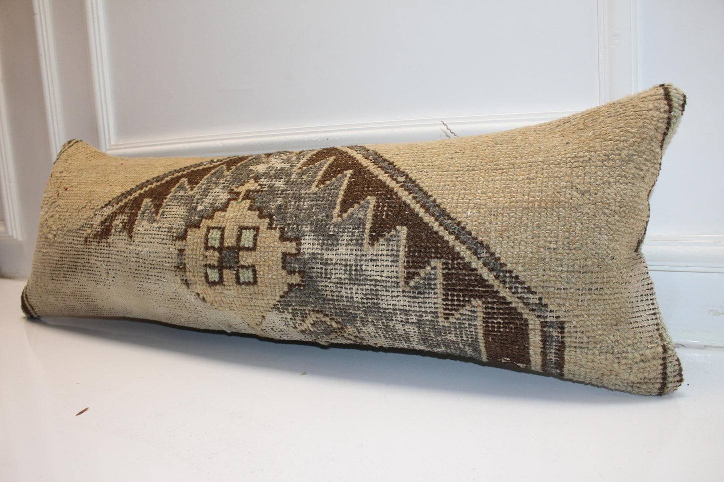 Vintage Turkish Rug Bench Pillow 12x36 Inch Sand Beige Anatolian Motif Lumbar Cushion
