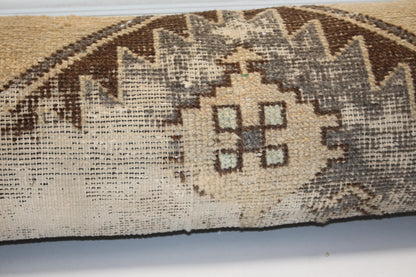 Vintage Turkish Rug Bench Pillow 12x36 Inch Sand Beige Anatolian Motif Lumbar Cushion