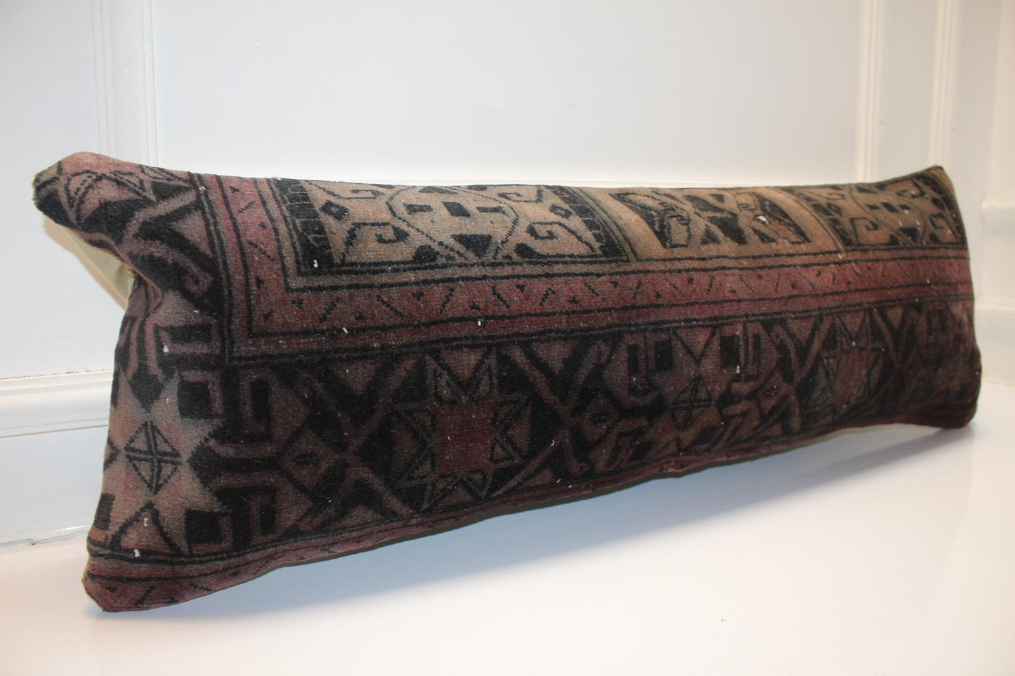 Handmade Kilim Pillow Cover: Smoky Burgundy Tribal Lumbar Cushion (12x36 Inch)