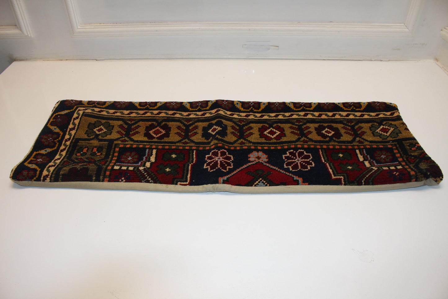 Vintage Turkish Rug Bench Pillow 12x36 Inch Deep Navy & Olive Anatolian Floral Lumbar Cushion