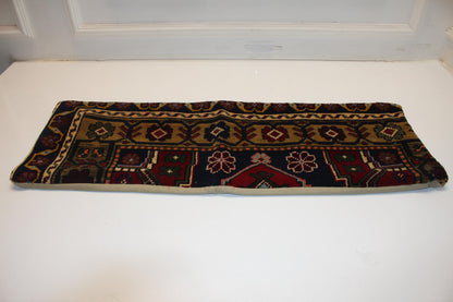 Vintage Turkish Rug Bench Pillow 12x36 Inch Deep Navy & Olive Anatolian Floral Lumbar Cushion