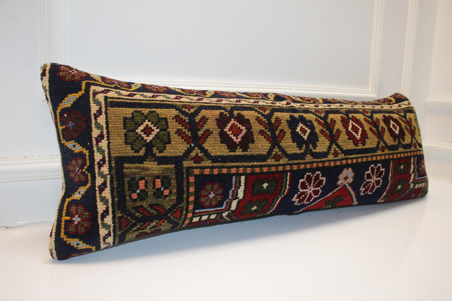 Vintage Turkish Rug Bench Pillow 12x36 Inch Deep Navy & Olive Anatolian Floral Lumbar Cushion