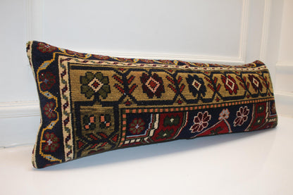 Vintage Turkish Rug Bench Pillow 12x36 Inch Deep Navy & Olive Anatolian Floral Lumbar Cushion