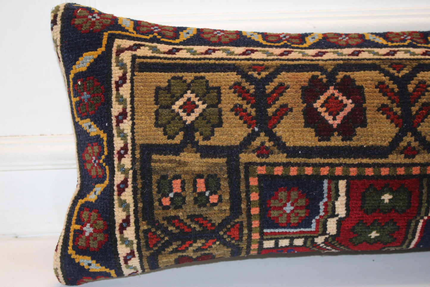 Vintage Turkish Rug Bench Pillow 12x36 Inch Deep Navy & Olive Anatolian Floral Lumbar Cushion