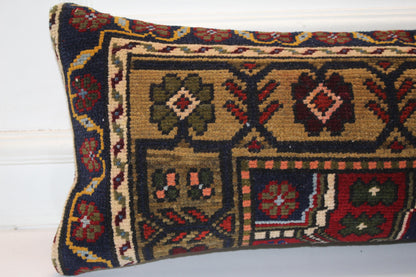Vintage Turkish Rug Bench Pillow 12x36 Inch Deep Navy & Olive Anatolian Floral Lumbar Cushion