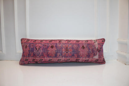 Turkish Rug Bench Pillow 12x36 Inch Vibrant Pink Anatolian Lumbar Cushion for Eclectic Designer