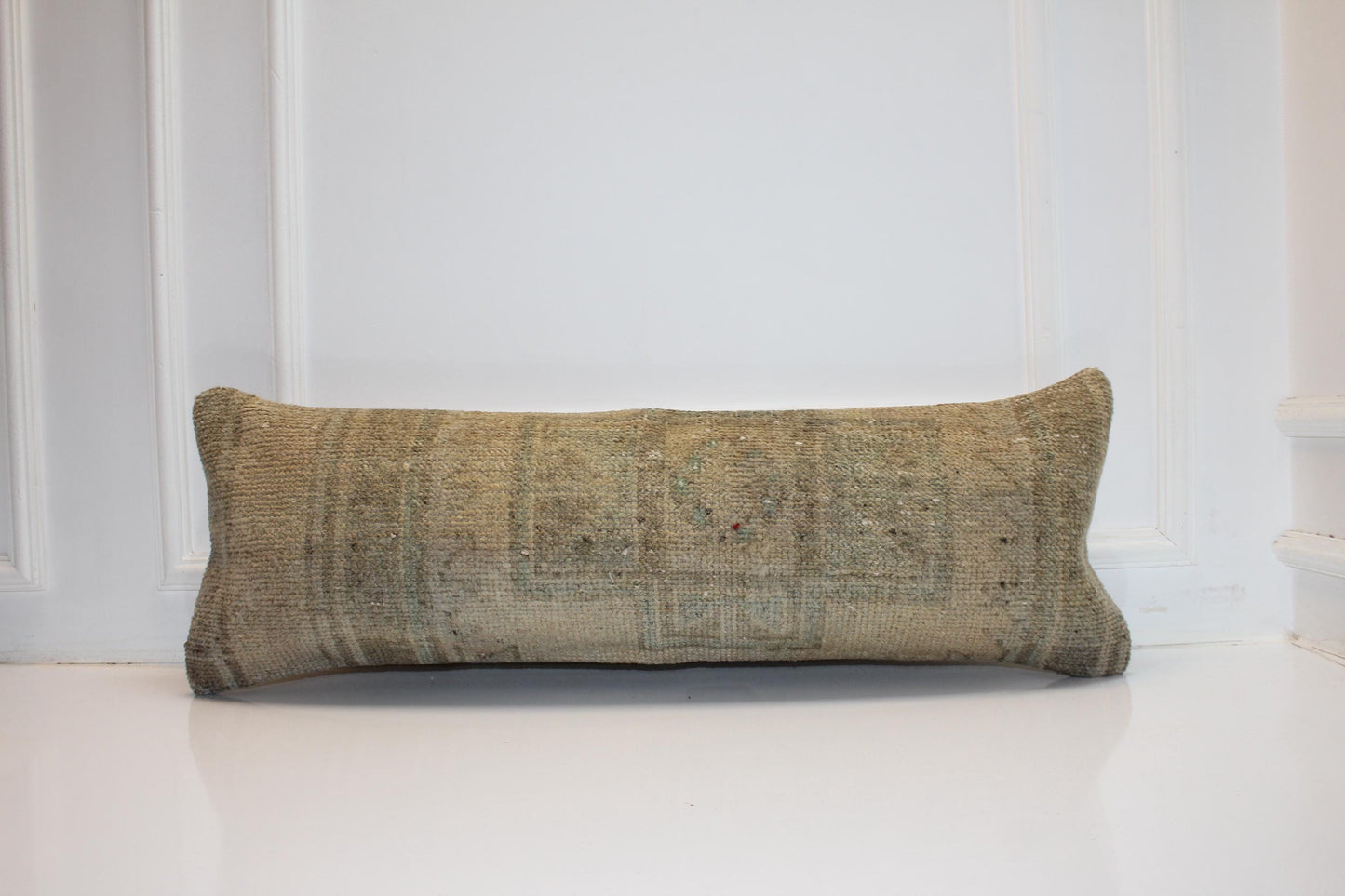 Handmade Kilim Lumbar Pillow Cover: Upcycled Woven Rug, 12x36 Inch Beige Cushion
