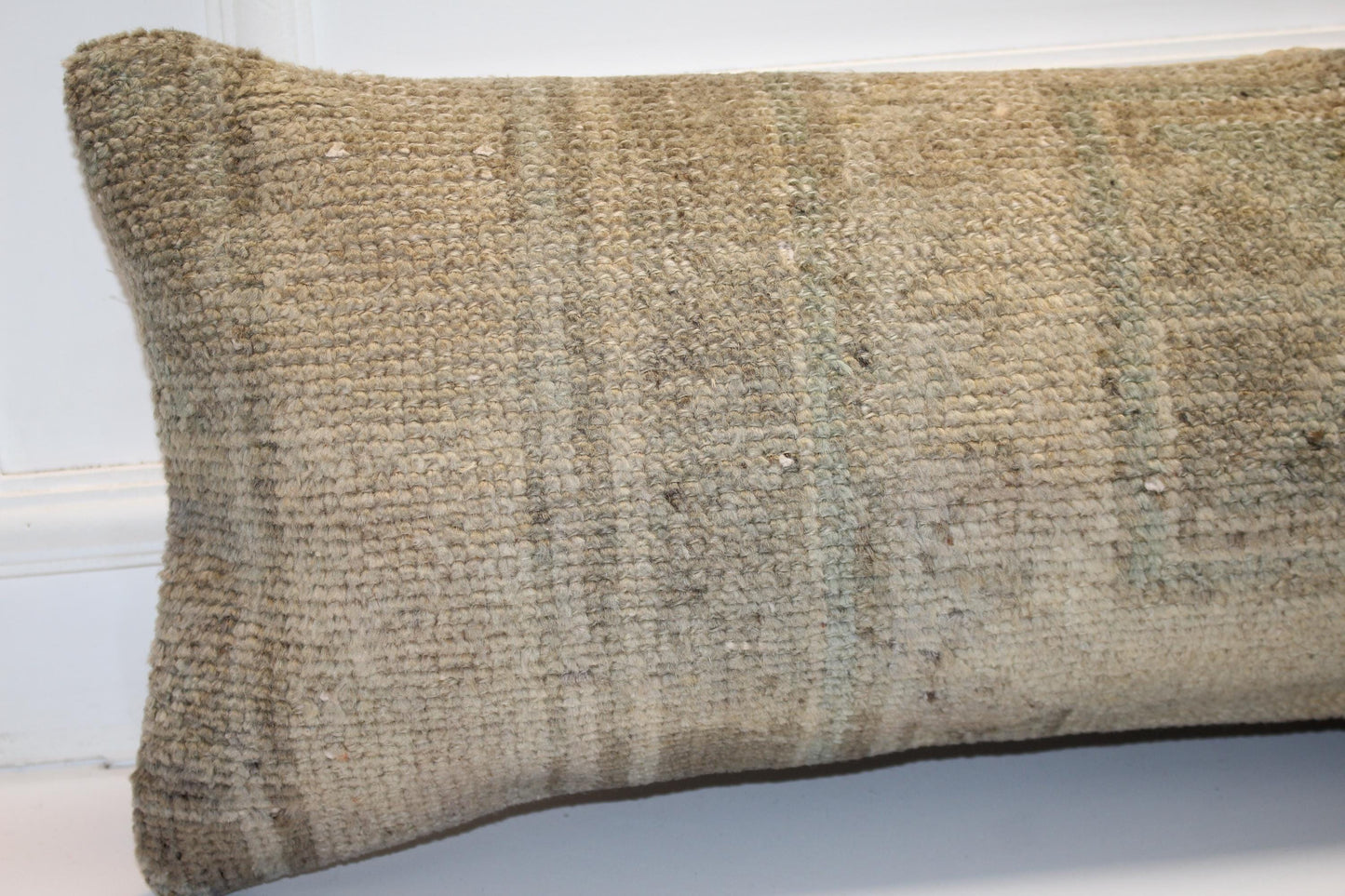 Handmade Kilim Lumbar Pillow Cover: Upcycled Woven Rug, 12x36 Inch Beige Cushion