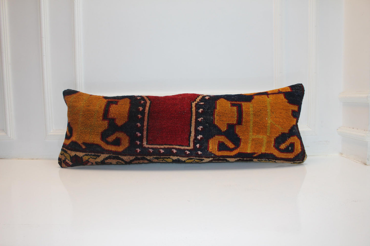 Handmade Kilim Pillow Cover 12x36 Inch, Upcycled Wool Rug, Lion Motif Lumbar Cushion