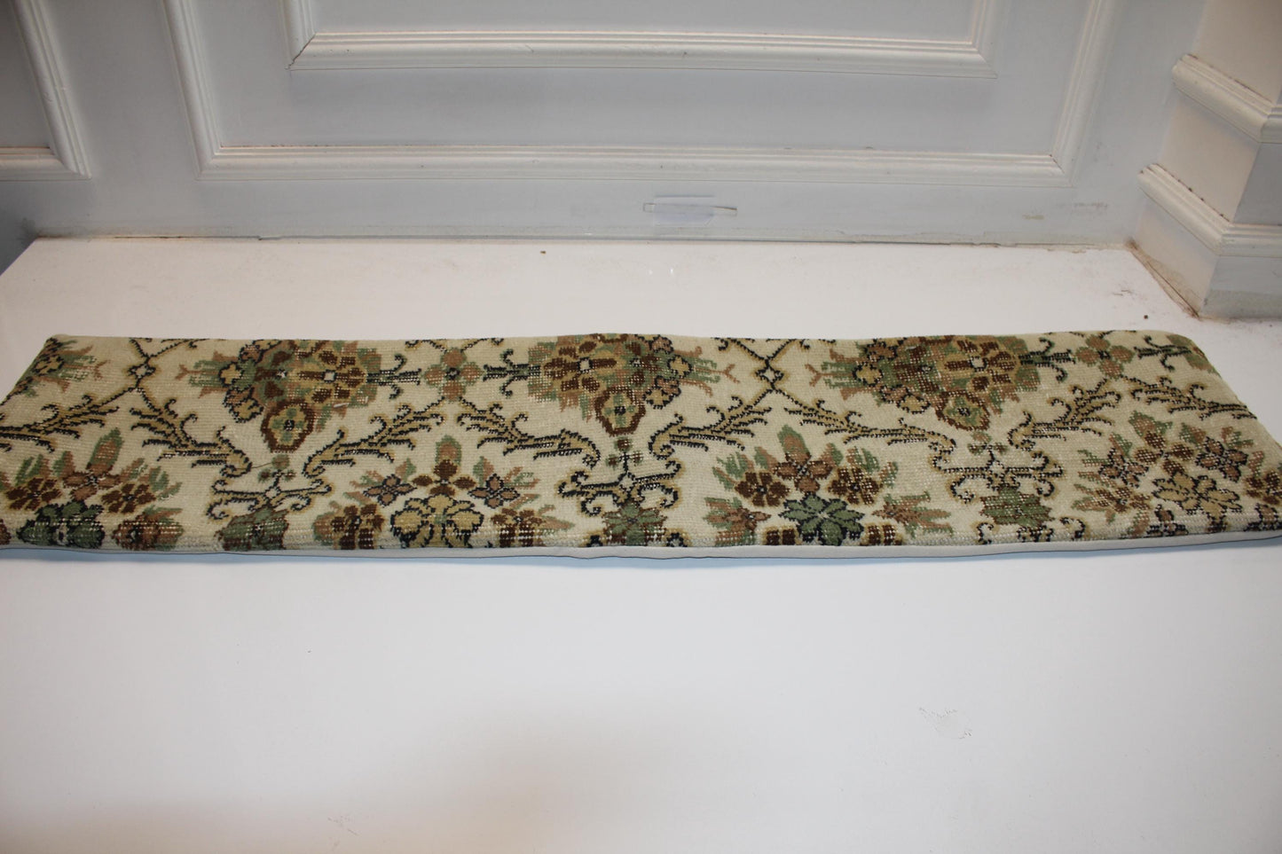 Turkish Rug Bench Pillow 12x48 Inch Ivory & Sage Botanical Lumbar Cushion for Elegant Classic