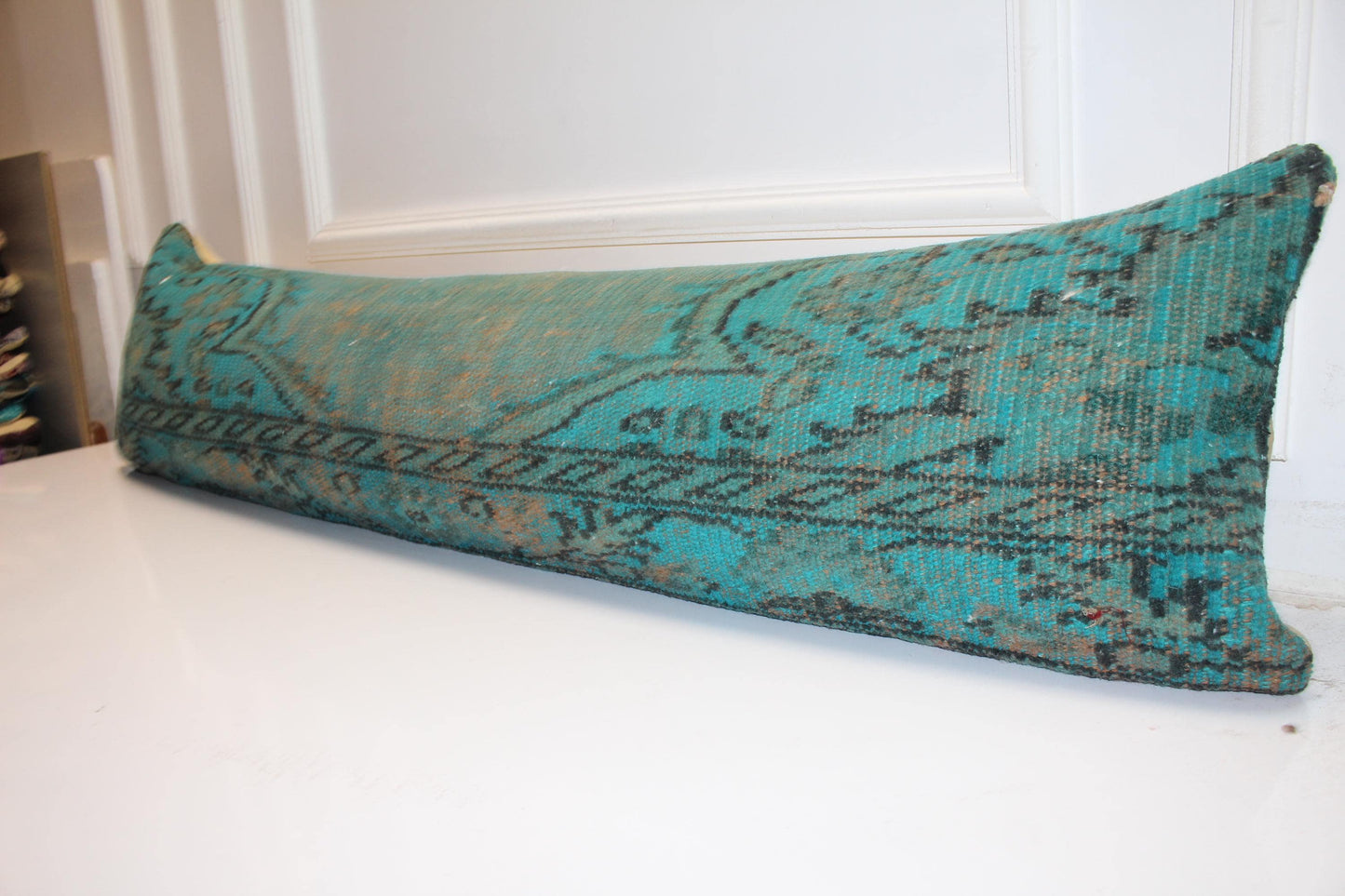 Turkish Rug Bench Pillow 12x48 Inch Aqua Patina Lumbar Cushion for Coastal Inspired Designer