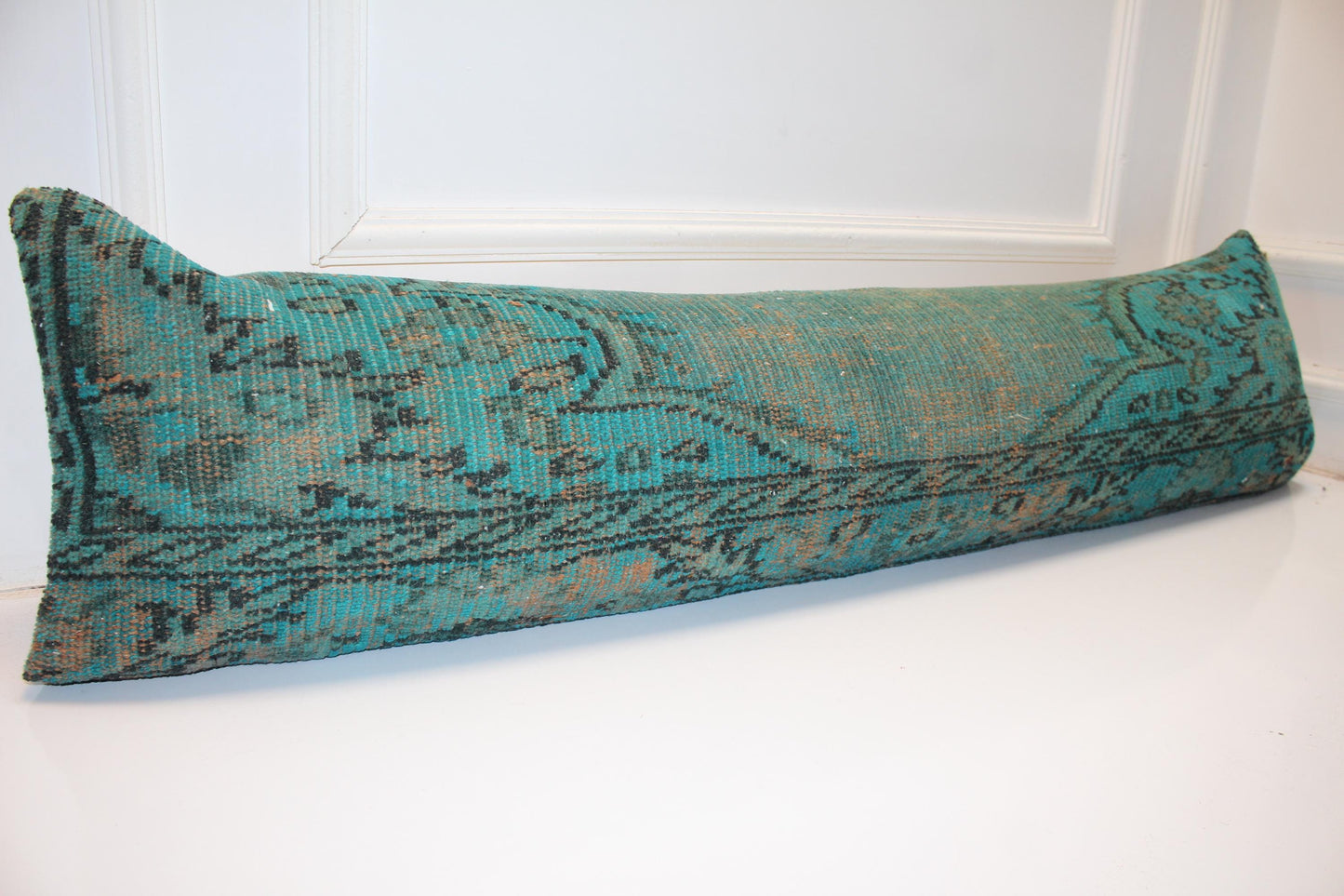 Turkish Rug Bench Pillow 12x48 Inch Aqua Patina Lumbar Cushion for Coastal Inspired Designer