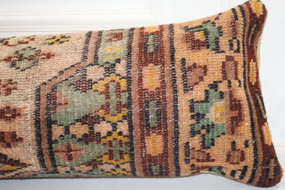 Vintage Kilim Bench Pillow 12x48 Inch Muted Terracotta Sage Lumbar Cushion