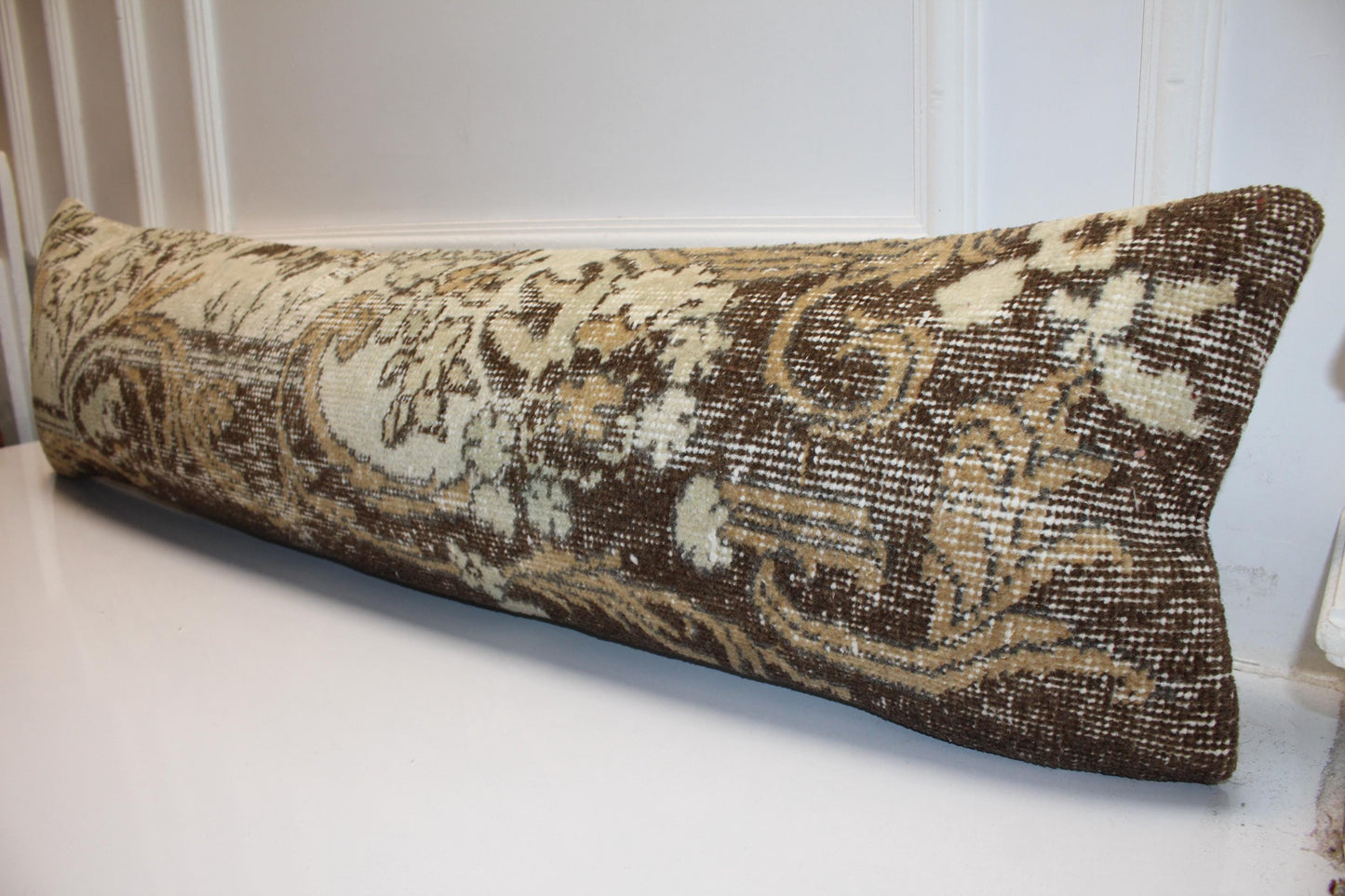 Turkish Rug Bench Pillow 12x48 Inch Espresso Brown & Cream Ornate Long Lumbar Cushion