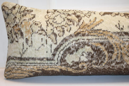 Turkish Rug Bench Pillow 12x48 Inch Espresso Brown & Cream Ornate Long Lumbar Cushion